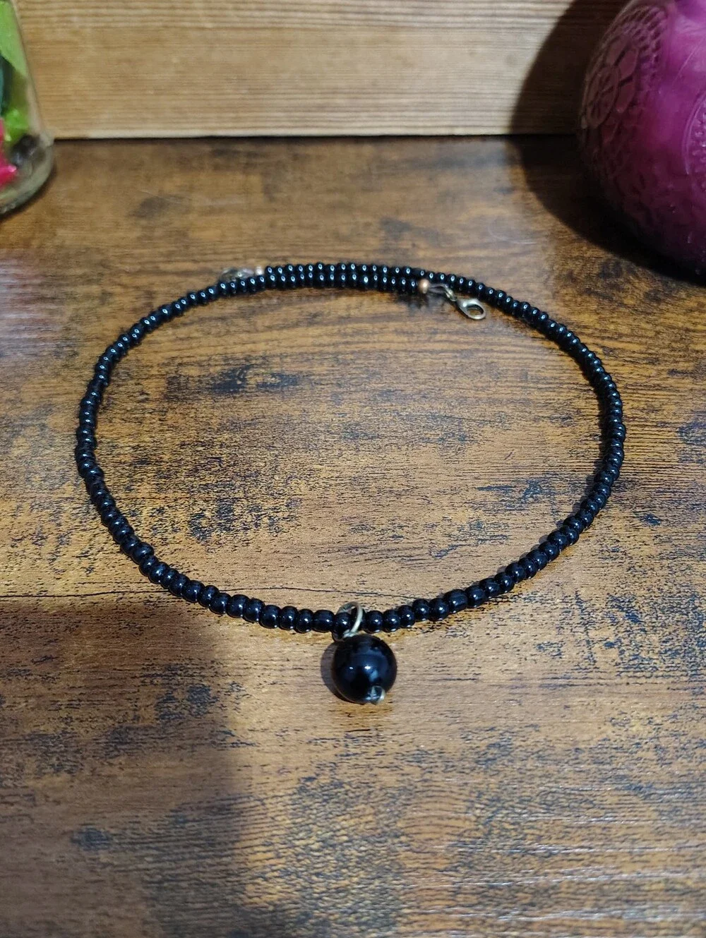 Black Beaded Men's Necklace with Pendant Accent Bead